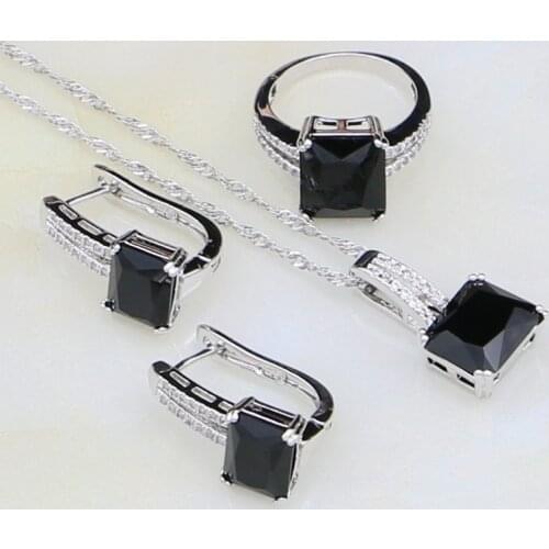 925 Silver Jewelry Black Stones White Cubic Zirconia Costume Jewelry Sets For Women Anniversary Earrings/Ring/Pendant/Necklace