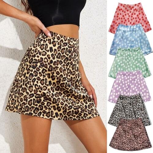 2021 Fashion Sexy Ladies Summer Breathable High Waist Satin Print Short Skirt Casual Invisible Zipper Pink Flower Leopard Skirt