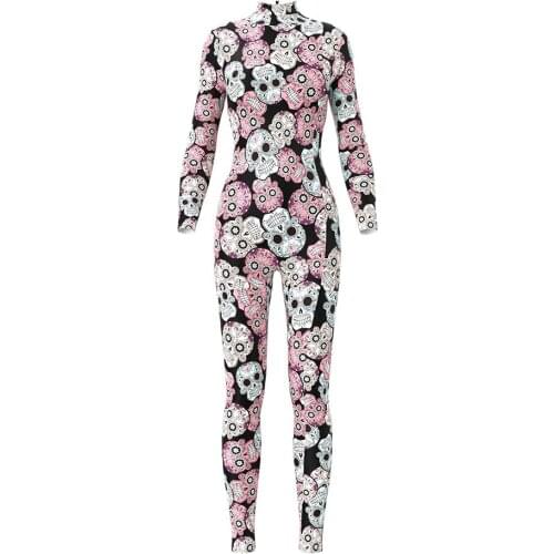 Women Funny Halloween Costume Pink Skull Printed Jumpsuits Carnival Cosplay Party Bodysuits Outdoor Fitness Outfit Sexy Suit