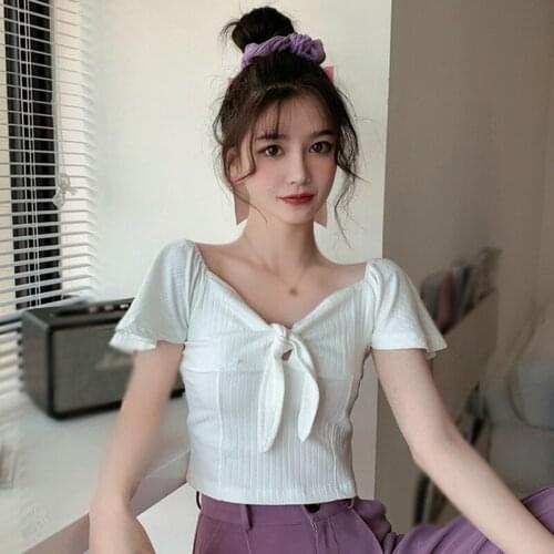 Women V Neck Crop Tops Bow Slim Exposed Navel Knitted Short Sleeve T-Shirt Solid Off Shoulder Streetwear Retro Slim Shirts