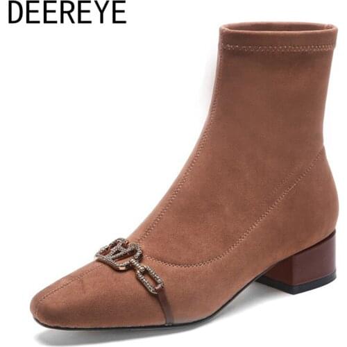 Genuine Leather Suede Stretch Womens Winter High Thigh High Over The Knee Boots Ankle Booties Zipper Square Toe Crystal 4CM