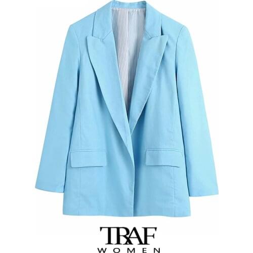 TRAF Za Women Fashion With Print Cuffs Linen Blazer Coat Vintage Long Sleeve Flap Pockets Female Outerwear Chic Veste