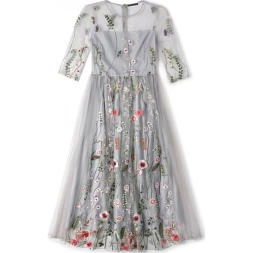 Women Runway Lace Dress 2020 Spring Womens Elegant Half Sleeve Tulle Gauze Flower Floral Embroidery Long Dress Female Vestido