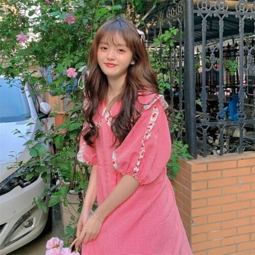Japanese Kawaii Red Blue Women Dress Spring Summer Elegant Plaid One-Piece Sweet Peter Pan Collar Ruffles Ladies Dress Vestidos