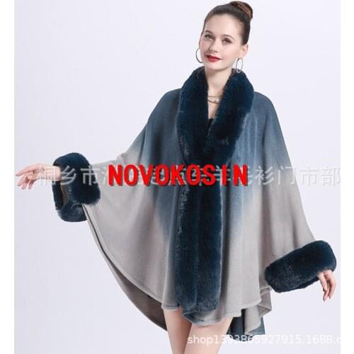 Plus Size Long Sleeves Poncho Women Gradient Navy Blue Overcoat Cloak Winter Big Pendulum Faux Rabbit Fur Collar Cardigan Coat