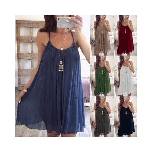 Womens casual loose solid color suspenders O-neck pleated dress Fashion stitching sleeveless dress