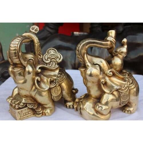 10" Marked Bronze Animal Wealth Money Elephant Heffalump Cucurbit Ruyi Pair