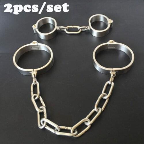 2pcs/set stainless steel bdsm bondage kit hand ankle cuffs chain leg irons metal handcuffs for sex adult games fetish bdsm tools