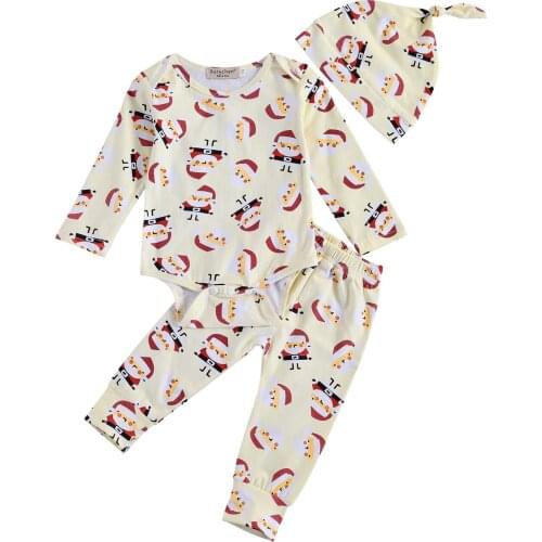 2020 1-5Y Christmas Toddler Baby Clothing Cartoon Santas Print Long Sleeve Romper Top+Harem Pants+Hat Kids Boys Girls Outfits