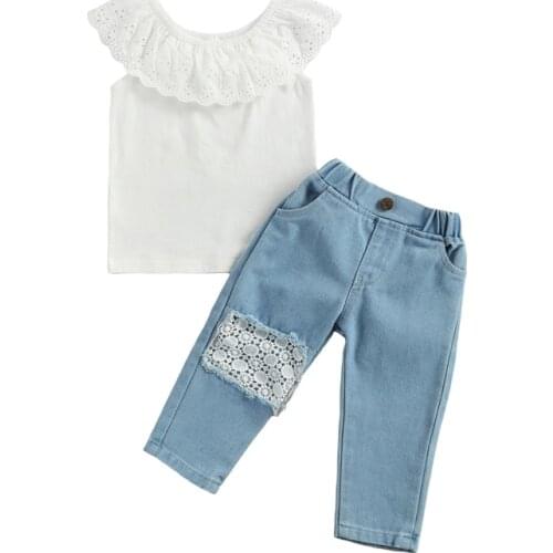 2021 Girl Clothes Kids Baby Girl Summer Outfit Children Girls Sleeveless Lace Shirt T-shirt Tops+Denim Long Pants Clothes