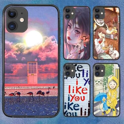 Anime Illustration Warm Phone Case For iphone 12 11 6 Mini Pro XS Max X XR 7 8 Plus Soft TPU Cover 12Pro 11Pro 12Mini