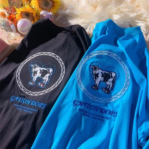 Pure Cotton black blue Cows Embroidery T Shirts Harajuku brand fashion O-neck Oversized New Summer Tops Korean Fashion Plus Size