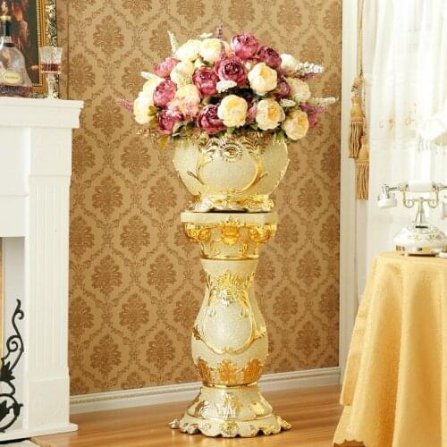 GY European-Style Roman Pillar Living Room Decoration High-Grade Ceramic Gold Floor Vase Large Entrance Decoration Creative