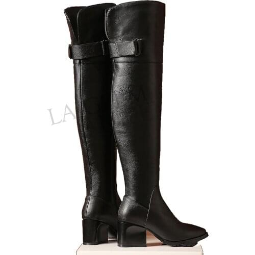 LAIGZEM SUPER Women Over Knee Boots Side Zip Genuine LEATHER Chunky Heels Winter Boot Shoes Botines Mujer Large Size 34-42