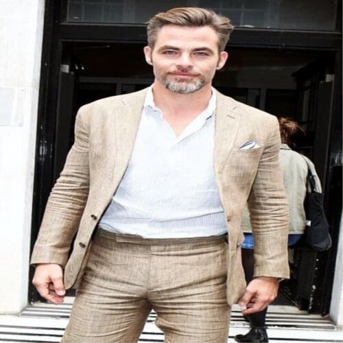 2020 Latest Coat Pant Designs Champagne Beige Linen Suits Men Slim Fit Summer Beach Causal Tuxedo Custom 2 Piece Jacket