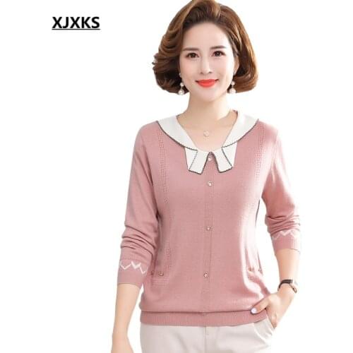 XJXKS 2021 autumn new women thin sweater fashion lapel three-quarter sleeve sweater women wool knitted pullover
