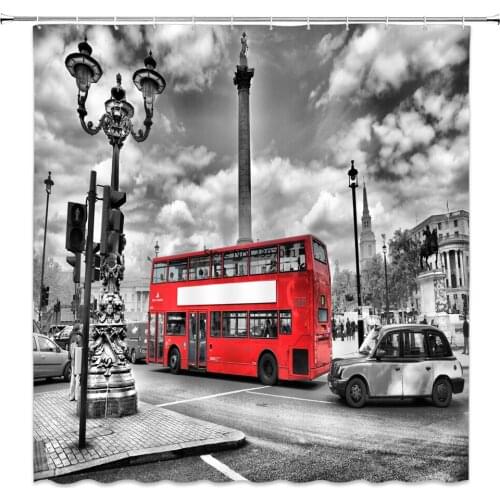 Retro London Telephone Booth Bathroom Shower Curtain Big Ben Red Scenery Waterproof Polyester Fabric for Art Bathtub Home Decor