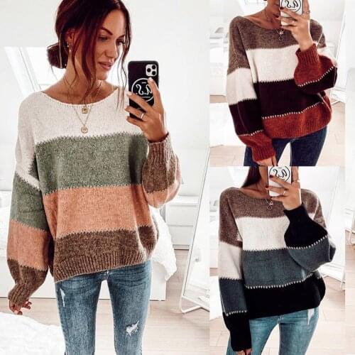 Loose O Neck Knitted Sweater Women Striped Cropped Pullover 2021 Spring Fashion Clothing Top