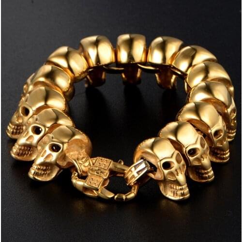 Top Quality Fashion Punk Cool Mens Skeleton Chain Bracelet Gold Stainless Steel Many Retro Skull Bracelets Jewelry 8.66"
