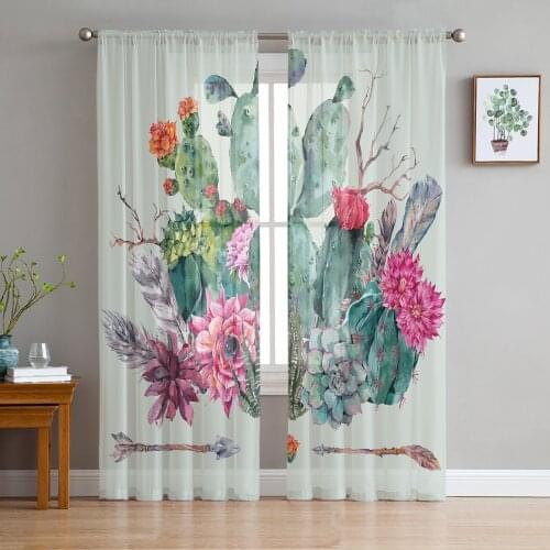 Cactus Flower Green Window Treatment Tulle Modern Sheer Curtains for Kitchen Living Room the Bedroom Curtains Decoration