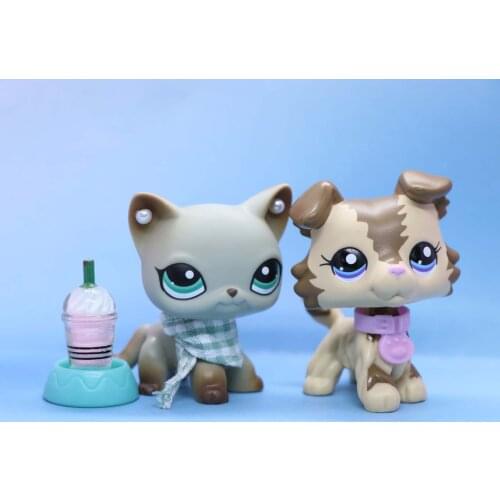 2pcs Pet Shop Collie Dog Littlest #391 Gray Cat #2210 Collie Tan and Brown Strap with Purple Eyes