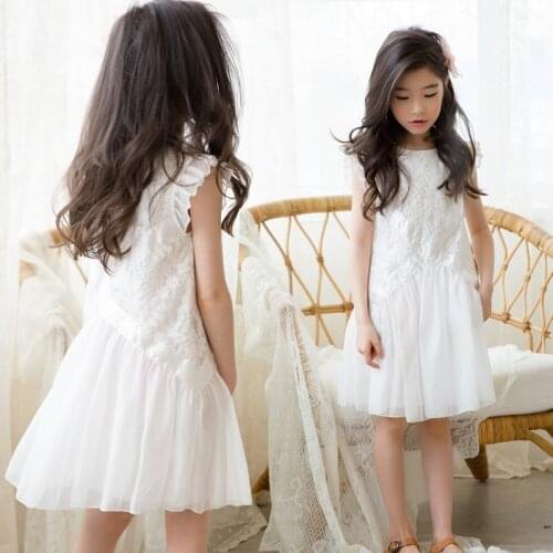 2021 New Summer Sleeveless White Lace Dress Ruffle Princess Costume Age for 4 - 14 Yrs Teenage Girls School Style Party Frocks