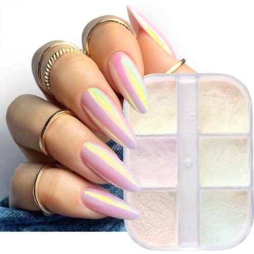 6 Grids Nail Glitter Aurora Mirror Powder Pearl Shell Rubbing Pigment Soap Sparkly Charm Nails Art Design Accessory LA1909-12