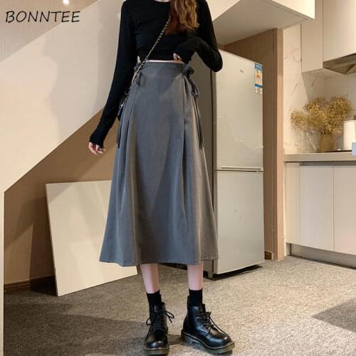 Long Skirts Women Casual A-line Elegant Summer Korean Style Fashion Faldas Loose Side Waist Bandage Office Ladies All-match Chic