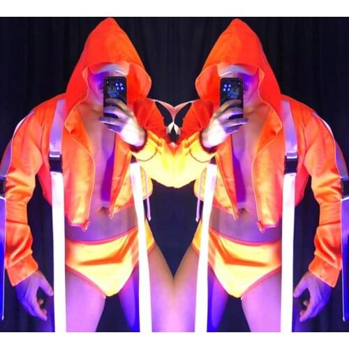 Fluorescent Orange Rave Clothes Mens Nightclub Dancing Performance Stage Costume Gogo Jazz Pole Dance Clothing Outfit VDB4031