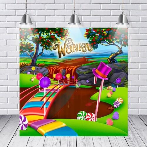 Cartoon Wonka Candy Land Baby Birthday Party Chocolate Factory Bridge Tree Photo Background Photography Backdrops Prop Photocall