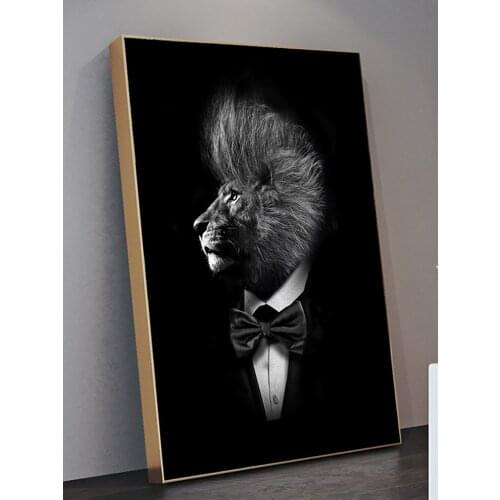 Mr Black Lion In Suit Canvas Wall Art Poster And Prints Fashion Painting Gentleman Animal Picture Home Decor Cuadros Craft Gift