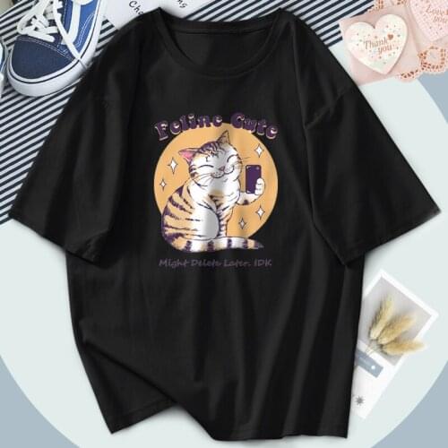 Feline Cute Printing T Shirts For Women O-Neck Fashion Summer T-shirts Vintage Purple Casual Tops Tees Loose Fit Poleras Female