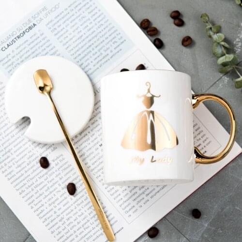 Creative Ceramic Milk Mug Love Dress Pattern Gold Plating Handle Cup Office Household Coffee Milk Tea Mugs Home Decoration