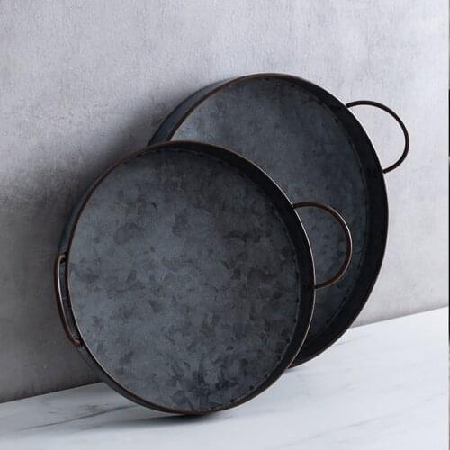 European Retro Round Iron Plate With Handles Metal Vintage Bread Tray Home Decoration Garden Restaurant Table Photographing