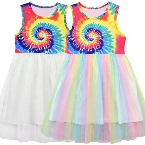 Girls Summer Retro Dark Tutu Dress Classic Tie-dye Print Girl Princess Dress Colorful Gaze Clothes Cupcake Dress for Girls 3-8y