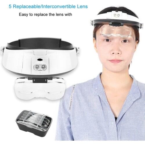 Headband LED Lamp Jeweler Watch Repair Magnifier Reading Glass Loupe 5 replaceable/Interconvertible lens Magnifying