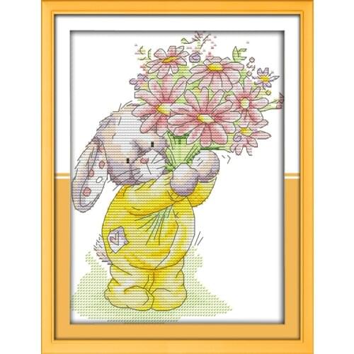 Needlework DIY DMC Cross Stitch Sets For Embroidery Kits Rabbit Present a Bouquet Counted Cross-Stitching 18ct 14ct 11ct plus