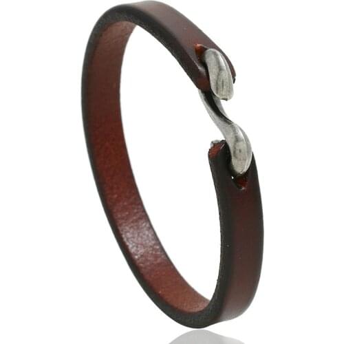Punk Mens Black/Brown Narrow Side Genuine Leather Simple Hook Bracelet for Man Wristband Bangles Male Jewelry