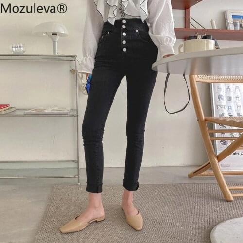 Mozuleva Autumn Vintage Single-breasted Women Denim Jean 2021 High Waist Stretch Pants Capris Female Streetwear Black Jeans Pant