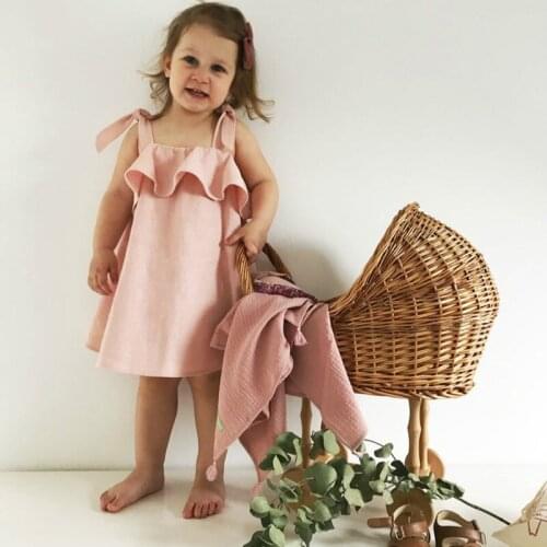 New Girl Cotton And Linen Sling Dress Summer Fashion Sleeveless Lace-Up Ruffled Pleated ChildrenS Pink Dresses WT015