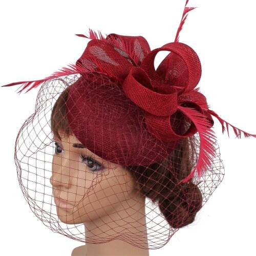 Marron Classic Mesh Fascinating Hair Clip Hat Headband Bowler red Feather Bridal wedding Veil Wedding Party New Hair Clip SYF567