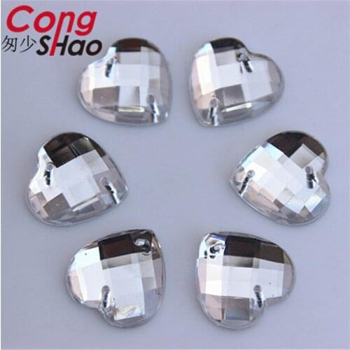 Cong Shao 200PCS 14mm Clear Acrylic Heart Rhinestone trim flatback sewing 2 Hole costume Button Crystal Accessories CS661C