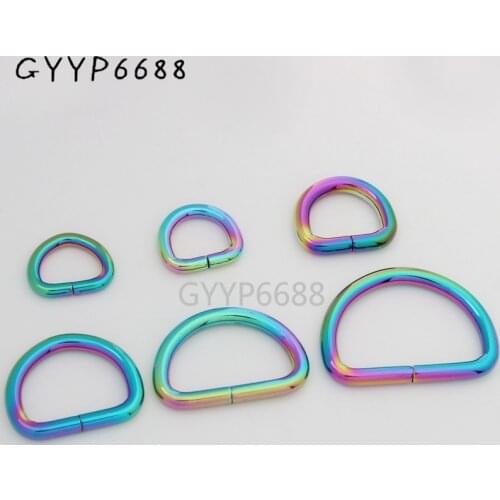 10-30-100pcs 7 size 10-14-15-20-25-32-38mm Rainbow Opened d ring belt buckle metal D ring for bags round edge dee ring on sale