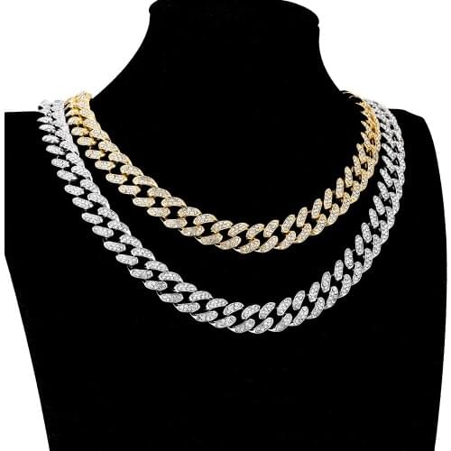 Hip Hop Iced Out Paved Rhinestones 13MM CZ Bling Rapper Necklaces Silver Color Full Miami Curb Cuban Chain For Men Jewelry