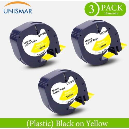 Unismar 3PK 91202 Label For Dymo LetraTag 12mm 91222 91332 Label Tape Black on Yellow Tape For Dymo LetraTag LT-100H Label Maker