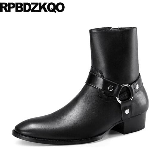 Zipper vintage motorcycle boots luxury shoes harness riding pointed toe fall chunky black full grain leather men ankle metalic