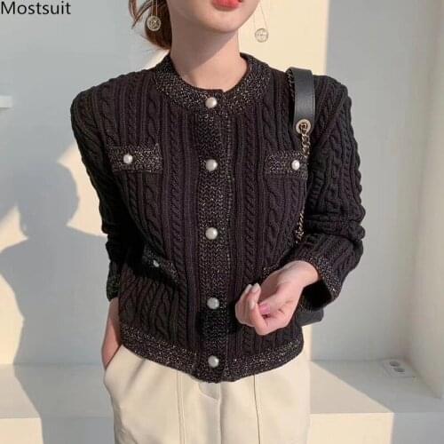 Vintage Beading Knitted Sweater Womens Cardigan Korean Style Slim Elegant Tops With Pockets O-neck Single-breasted Sweaters