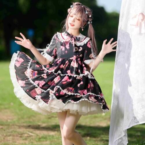 Y2k Japanese Gothic Harajuku Strawberry Print Peter Pan Collar Cute Cake Lolita Dress Soft Girl Sweet Baby Doll Dress For Women