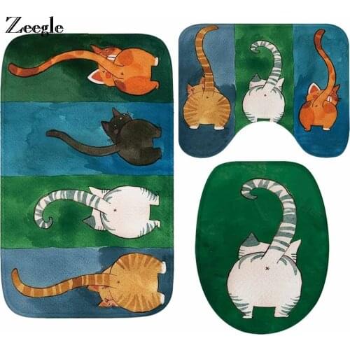 Zeegle Cartoon Cat Printed 3Pcs Bathroom Mats Anti-slip Bath Rugs Bathroom Floor Mats Washable Bathroom Carpets Bath Mat Set