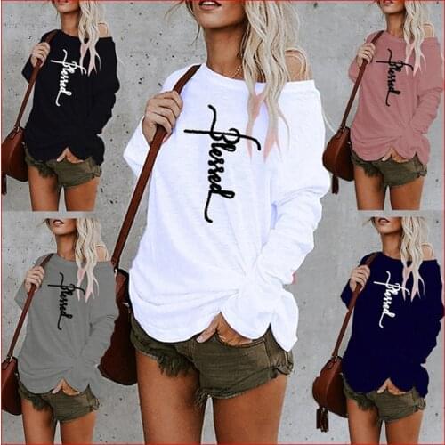 Sexy Off Shoulder Letters Printed Women Fashion Casual Autumn O Neck Long Sleeved Loose T Shirt Plus Size Cotton Pullovers Tops